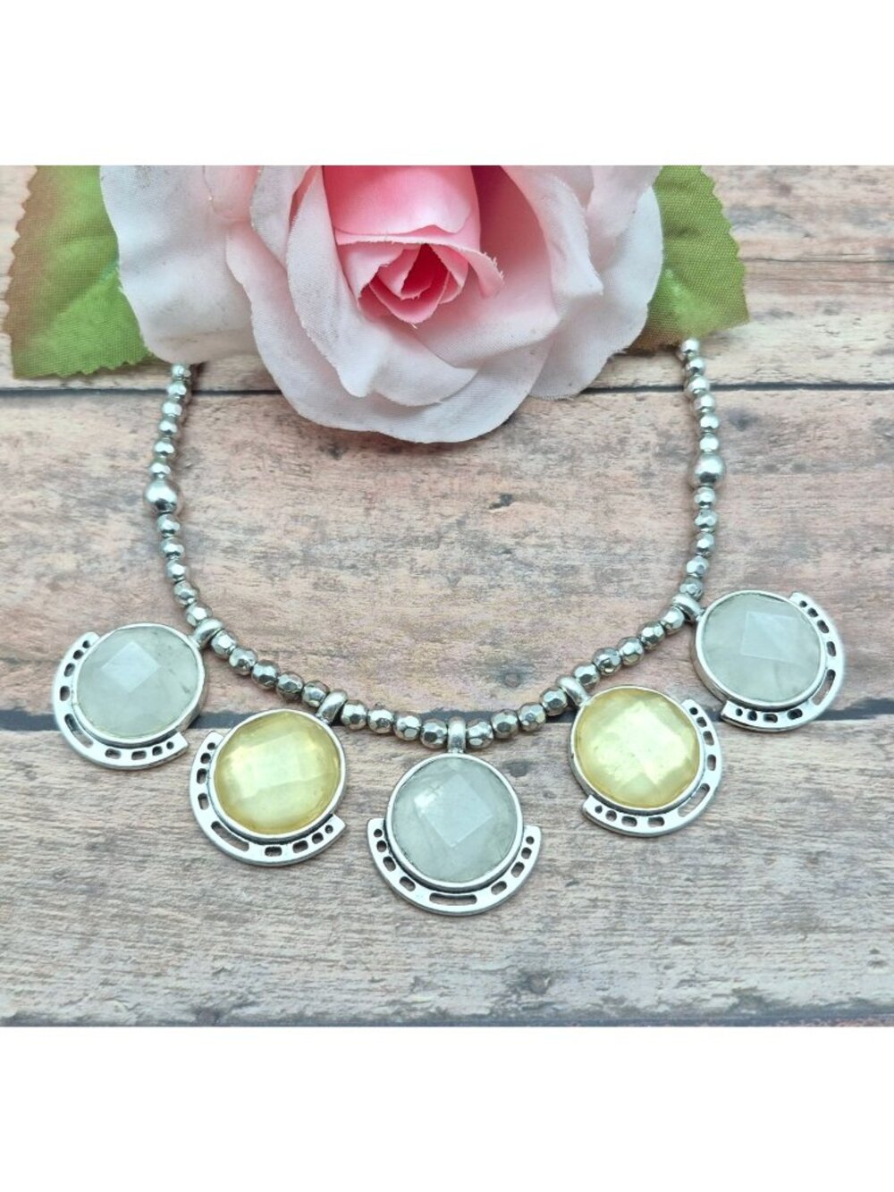 Lucky Brand Boho Beaded Silver Tone Collar Bib Necklace Yellow & White 20" Adj.